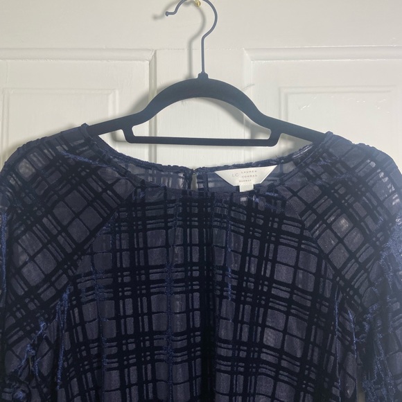 Lauren Conrad Navy Sheer Velvet Top Blouse with Bell Sleeves - Picture 9 of 13